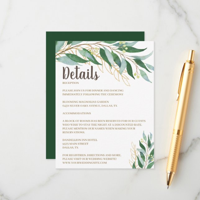 Elegant Gold Leaf  Wedding Details Insert Card (Front/Back In Situ)