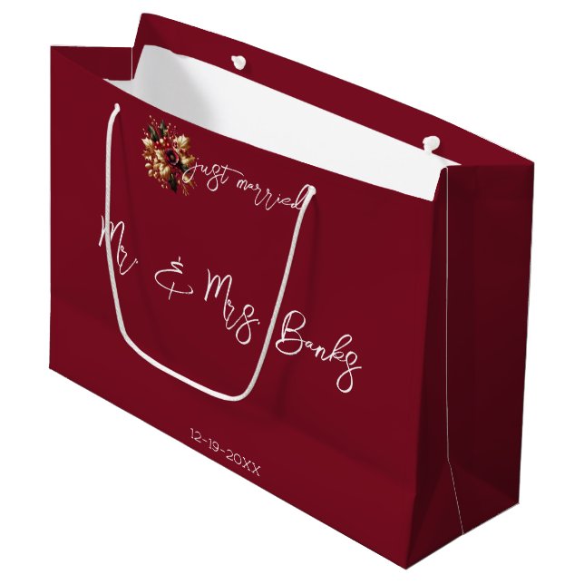 Elegant Gold Leaf Wedding Photo Just Married Large Gift Bag (Front Angled)