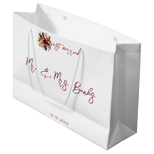 Elegant Gold Leaf Wedding Photo Just Married Large Gift Bag (Front Angled)