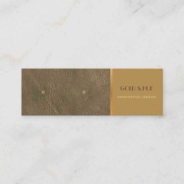 Elegant gold leather stud earrings chic display mini business card (Front)