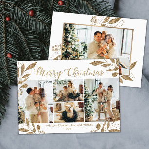 Elegant Gold Leaves 4 Photo Collage Christmas Card