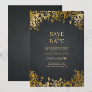 Elegant Gold Leaves, Black Save The Date Wedding Invitation