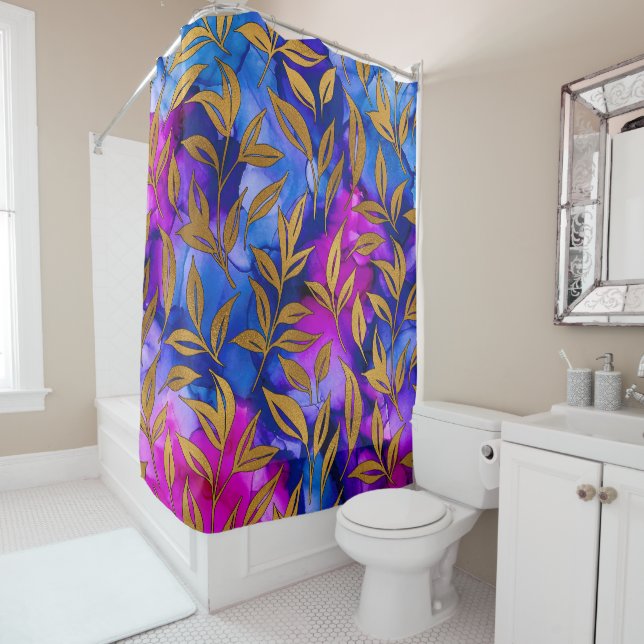 Elegant Gold Leaves Foliage Blue Purple Chic Shower Curtain (In Situ)