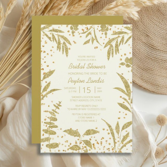 Elegant Gold Leaves Glitter Cream Bridal Shower Invitation (Gold leaves on cream-colored bridal shower invitation)