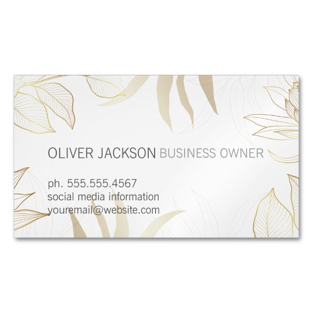 Elegant Gold Leaves Illustration  Magnetic Business Card (Front)