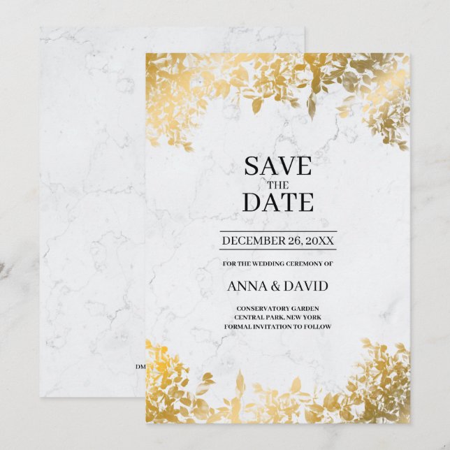 Elegant Gold Leaves Marble Save The Date Wedding Invitation (Front/Back)