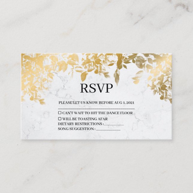 Elegant Gold Leaves Marble Wedding Rsvp Card (Front)