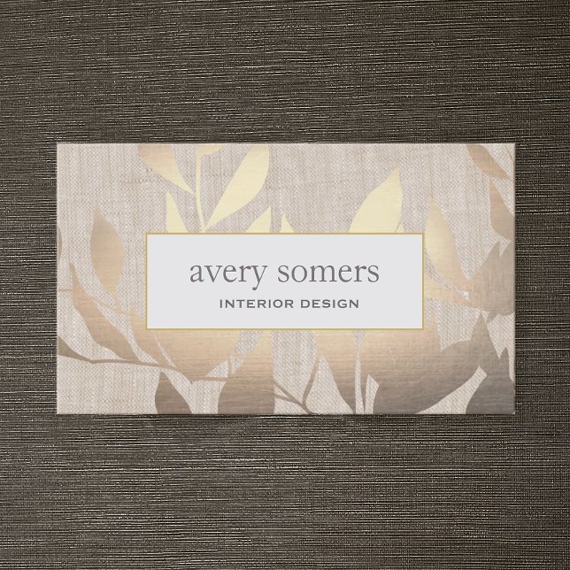 Elegant Gold Leaves Modern Interior Design Beige Business Card (Creator Uploaded)
