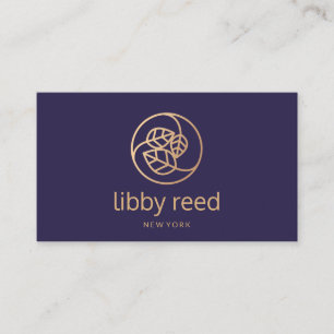 Elegant Gold Leaves Trio Logo Navy Blue Business Card