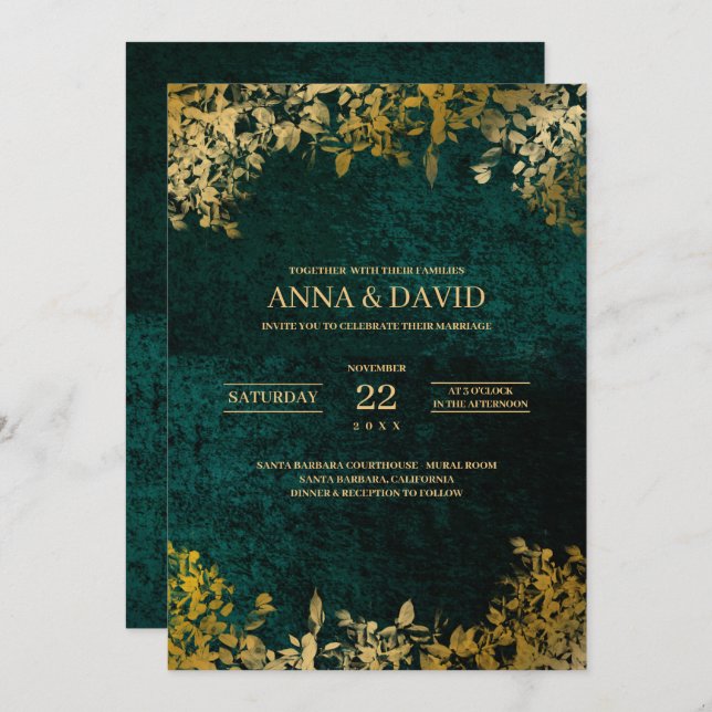 Elegant Gold Leaves Velvet Green Wedding Invitation (Front/Back)