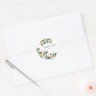 Elegant Gold Leaves Wedding Classic Round Sticker