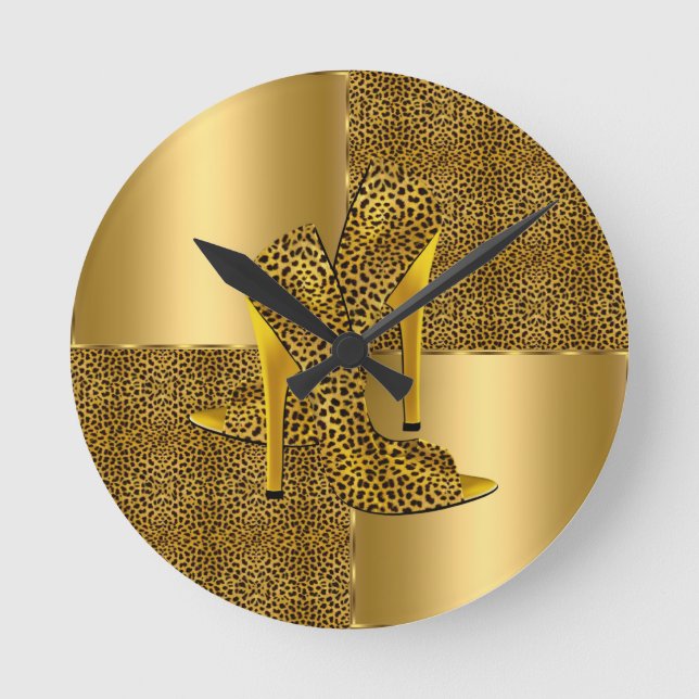 Elegant Gold Leopard High Heel Shoes Animal Round Clock (Front)