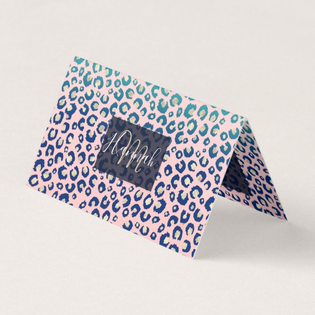 Elegant Gold leopard print Blue Mint Gradient Pink Business Card (Front)