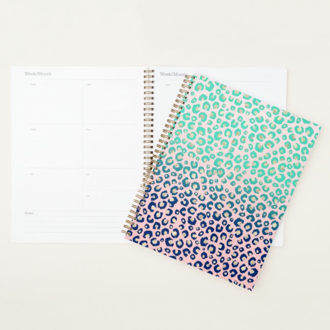 Elegant Gold leopard print Blue Mint Gradient Pink Planner (Display)