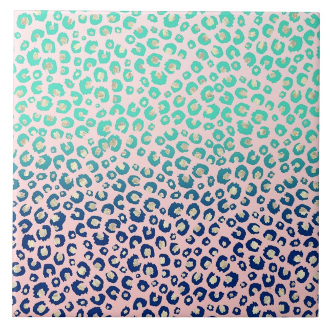 Elegant Gold leopard print Blue Mint Gradient Pink Tile (Front)