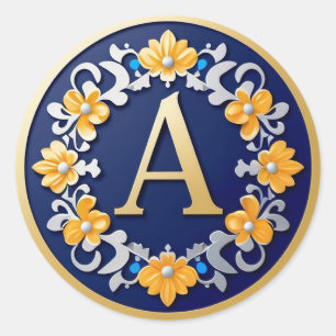Elegant Gold Letter A Medal With Floral Wreath Classic Round Sticker