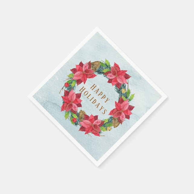 Elegant Gold Lettering Poinsettia Wreath Christmas Napkin (Corner)