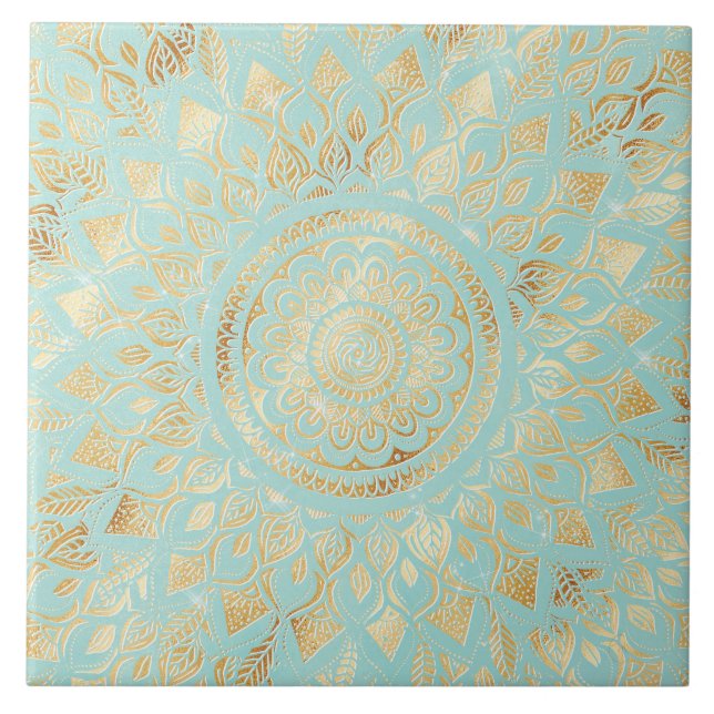 Elegant Gold Light Teal Mandala Floral Tile (Front)