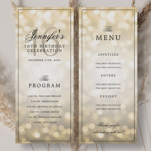 Elegant Gold Lights 16th Birthday Program Menu  Invitation (Elegant Gold Lights 16th Birthday Program Menu )