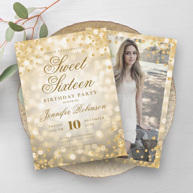 Elegant Gold Lights Glam Confetti Photo Sweet 16   Invitation (Elegant Gold Lights Glam Confetti Photo Sweet 16 Invitation)