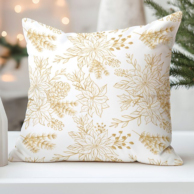 Elegant Gold Line Art Christmas Floral Cushion (Creator Uploaded)