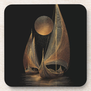Elegant Gold Line Art Illustration of Longships Coaster