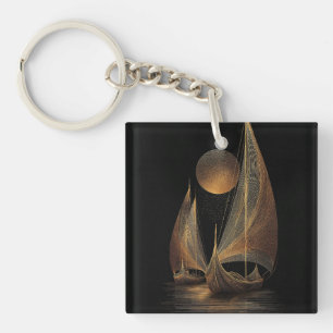 Elegant Gold Line Art Illustration of Longships Key Ring