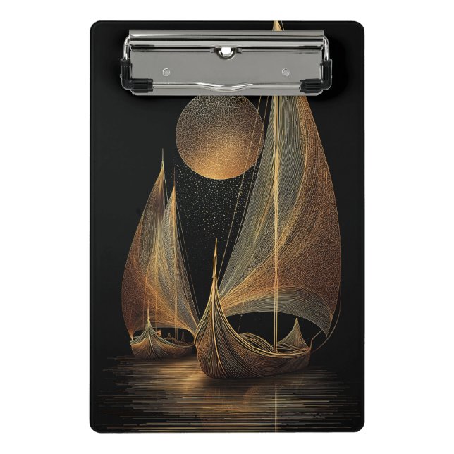 Elegant Gold Line Art Illustration of Longships Mini Clipboard (Front)