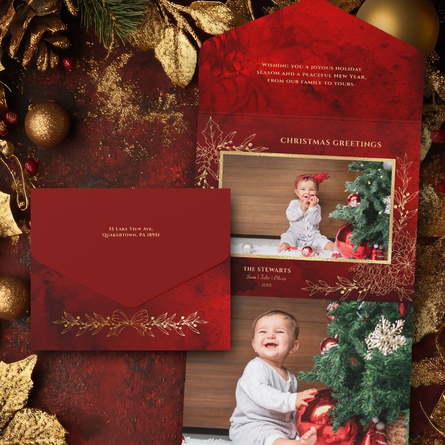 Elegant Gold Line Drawn Christmas Botanical Photo All In One Invitation (Creator Uploaded)