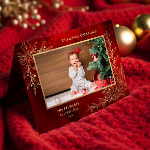 Elegant Gold Line Drawn Christmas Botanical Photo Holiday Card