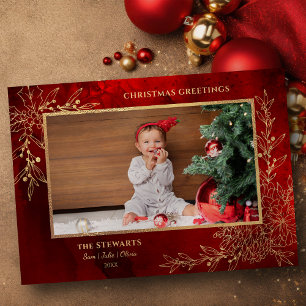 Elegant Gold Line Drawn Christmas Botanical Photo Holiday Card