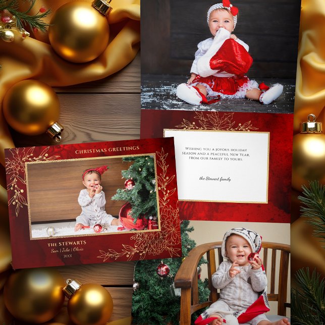 Elegant Gold Line Drawn Christmas Botanical Photo Tri-Fold Holiday Card (Creator Uploaded)