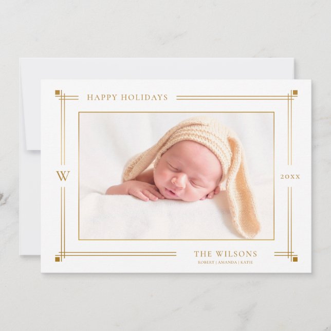 Elegant Gold Lined Border Photo Holiday Card (Front)