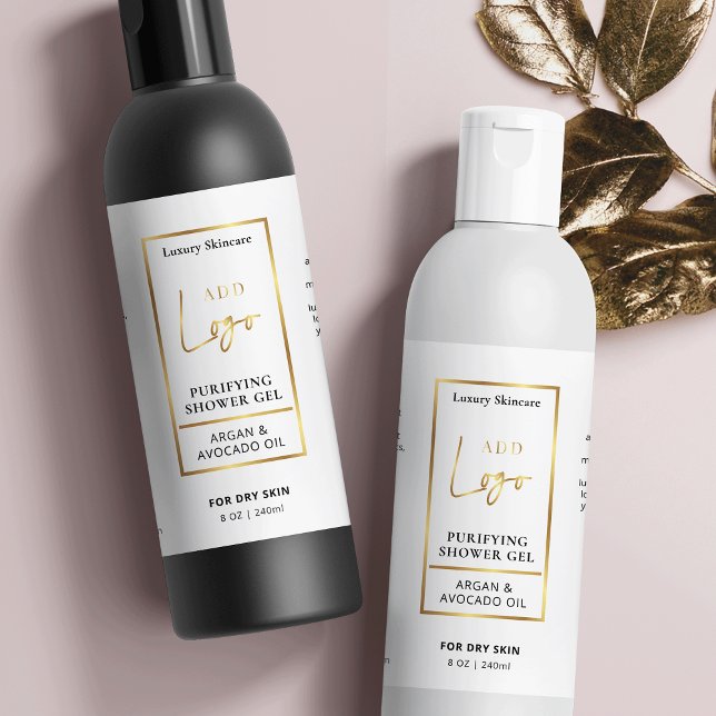 Elegant Gold Logo 8 OZ Cosmetic Bottle Label (Elegant white and faux gold cosmo bottle labels for lotions, shampoo, conditioner, cleansers etc.)