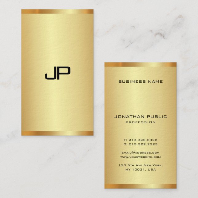 Elegant Gold Look Modern Vertical Monogram Business Card (Front/Back)