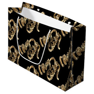 Elegant Gold Look Script Black Merry Christmas Large Gift Bag