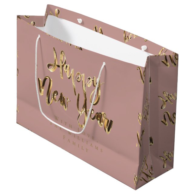 Elegant Gold Look Script Happy New Year Large Gift Bag (Front Angled)