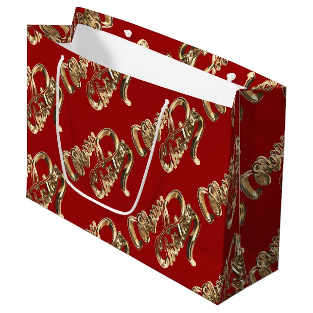 Elegant Gold Look Script Red Merry Christmas Large Gift Bag (Front Angled)