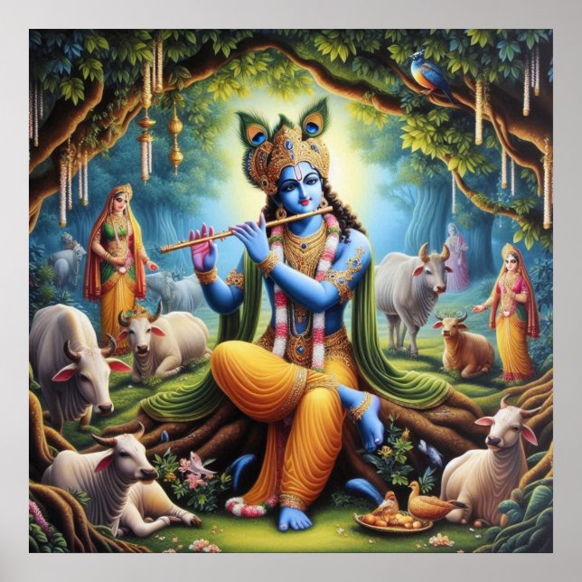 Elegant Gold Lord Krishna Art Poster (Front)