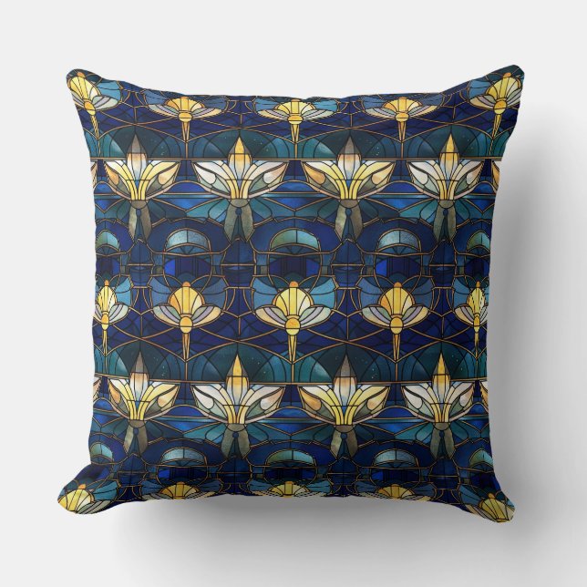Elegant Gold Lotus Faux Stained Glass Pattern Cushion (Front)