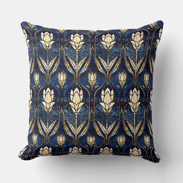 Elegant Gold Lotus Faux Stained Glass Pattern Cushion (Front)
