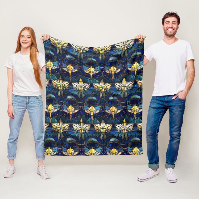 Elegant Gold Lotus Faux Stained Glass Pattern Fleece Blanket (In Situ)