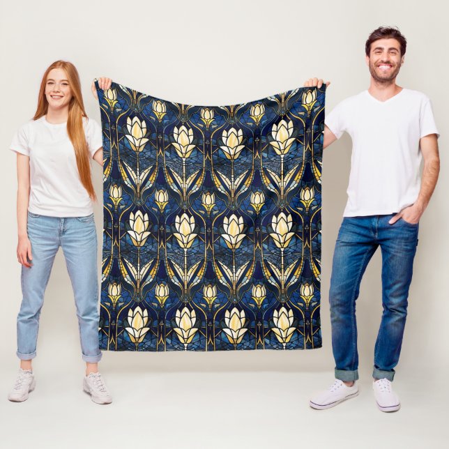 Elegant Gold Lotus Faux Stained Glass Pattern Fleece Blanket (In Situ)