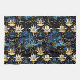 Elegant Gold Lotus Faux Stained Glass Pattern Tea Towel
