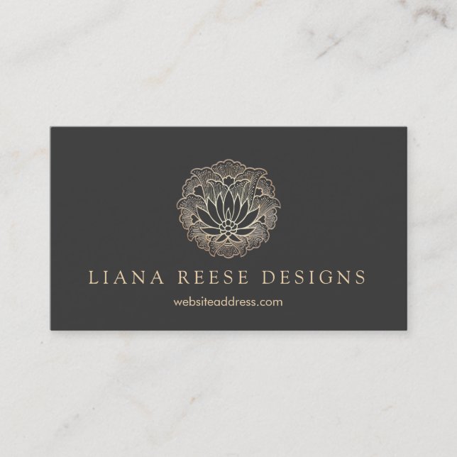 Elegant Gold Lotus Flower Designer Black Business Card (Front)