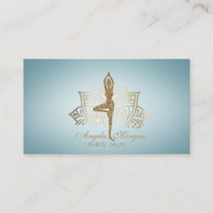 Elegant Gold Lotus Flower Glitter Yoga Girl Blue Business Card