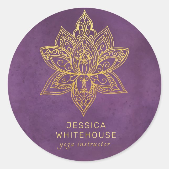 Elegant Gold Lotus Flower Purple Classic Round Sticker (Front)