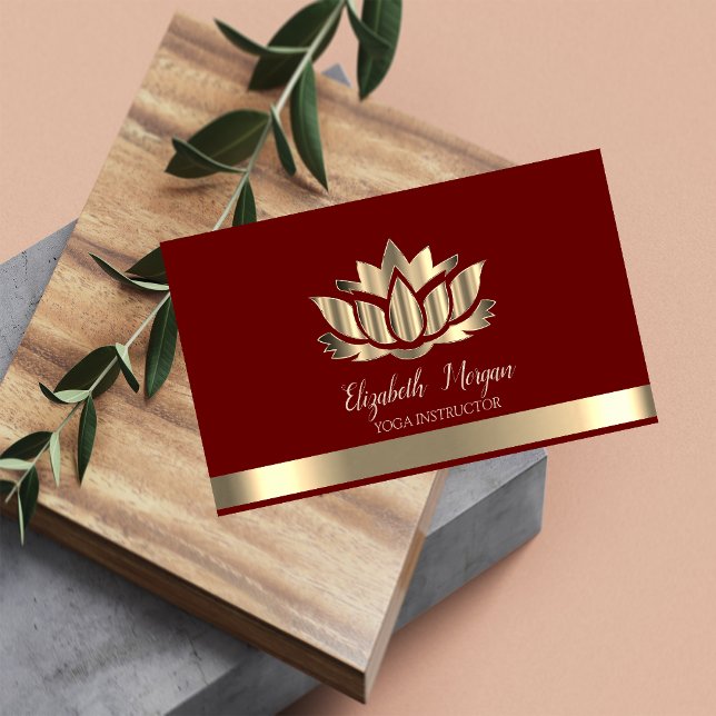 Elegant Gold Lotus Gold Stripe Yoga Burgundy Business Card (Creator Uploaded)