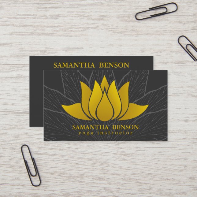 Elegant Gold Lotus Logo Elegant Black Floral Yoga  Business Card (Front/Back In Situ)