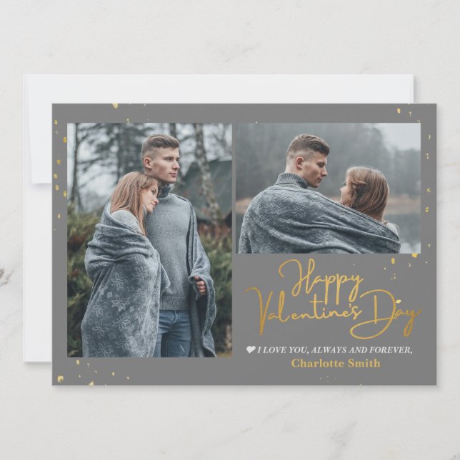 Elegant Gold Love valentine's day couple photo Holiday Card (Front)